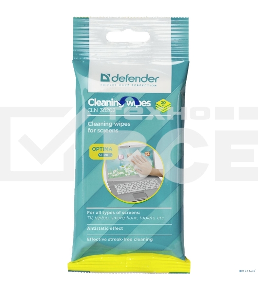 Чистящие салфетки Defender CLN 30202 ECO для экранов всех типов мягкая упаковка / 20 шт / Россия.