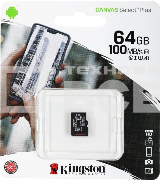 Флеш карта microSDHC 64GB microSDXC Class10 Kingston <SDCS2/64GBSP> Class10 UHS-I Canvas Select up to 100MB/s
