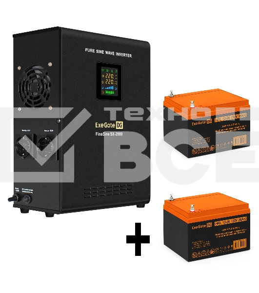 Комплект ИБП EX296001RUS + батарея 26Aч EX285663RUS 2шт (инвертор, синус, для котла, настенный) ExeGate FineSine SX-2000.LCD.AVR.2SH <2000VA/1400W, чистая синусоида, цветной LCD-дисплей, AVR, 2*Schuko, линейно-интерактивный, крепление настенное/универсаль