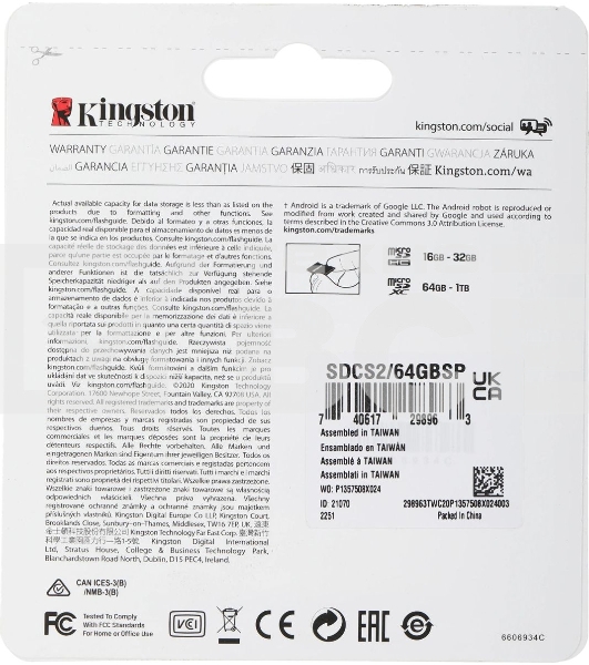Флеш карта microSDHC 64GB microSDXC Class10 Kingston <SDCS2/64GBSP> Class10 UHS-I Canvas Select up to 100MB/s