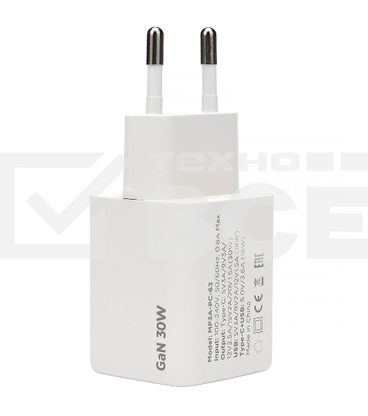 Зарядное устройство Cablexpert MP3A-PC-63, 30Вт GaN, 3А, QC4.0/PD, 1xUSB, 1xType-C, белый, пакет
