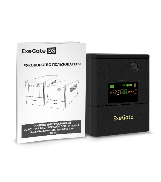 Источник бесперебойного питания ExeGate SpecialPro Smart LLB-1000.LCD.AVR.4SH (1000VA/700W, LCD, AVR, 4*Schuko, батарея 12V 7.2Ah - 2 шт., металлический корпус, Black)