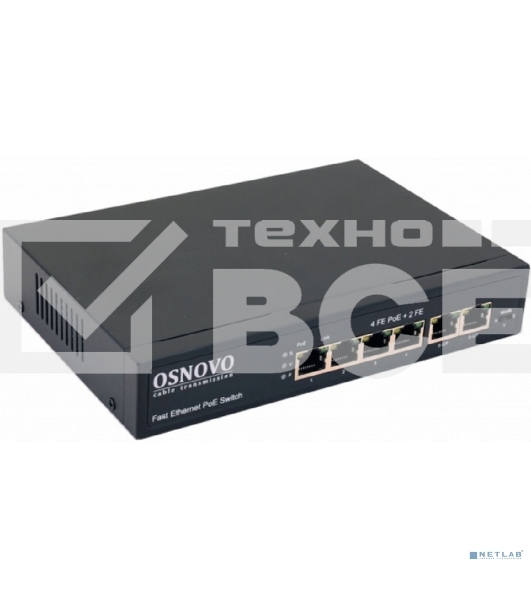 Коммутатор Osnovo SW-20600(80W) PoE коммутатор 6 портов, 4 PoE порта 10/100 Base-T, 2*10/100 Base-T Uplink, до 30W на порт, суммарно до 80W