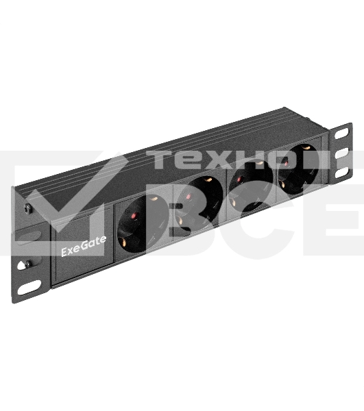 Блок розеток 10' с разъемом C14 ExeGate ServerPro PDU-10H401 Al-4S-C14 (10', 1U, Алюминий, 4 Schuko, C14, (ШхВхГ): 274х45х45 мм, черный, RTL)