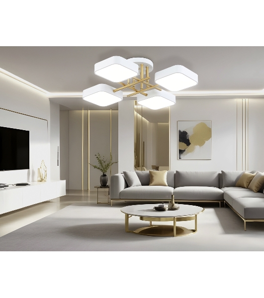 Люстра светодиодная на штанге Ambrella light FL516341/4 WH/GD белый/золото 72W 3000-6000K 550*550*150 (без ПДУ)