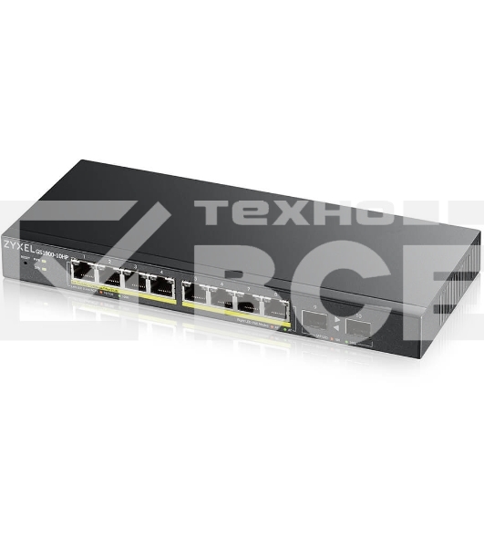 Коммутатор Smart L2 PoE+ Zyxel GS1900-10HP, 8xGE PoE+, 2xSFP, настольный, бесшумный, бюджет PoE 77 Вт