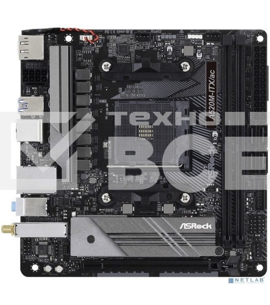 Материнская плата ASRock A520M-ITX/AC, AM4, AMD A520, 2xDDR4, 4xSATA, 1xM.2 PCIe, 1xPCIe 3.0 x16, 1xHDMI, 1xDP, 1x1Gb LAN, Wi-Fi, Bluetooth, 2xUSB-A 2.0, 3xUSB-A 3.2 Gen 1, 1xUSB-C 3.1, 3x3.5 мм, 7.1, Mini-ITX