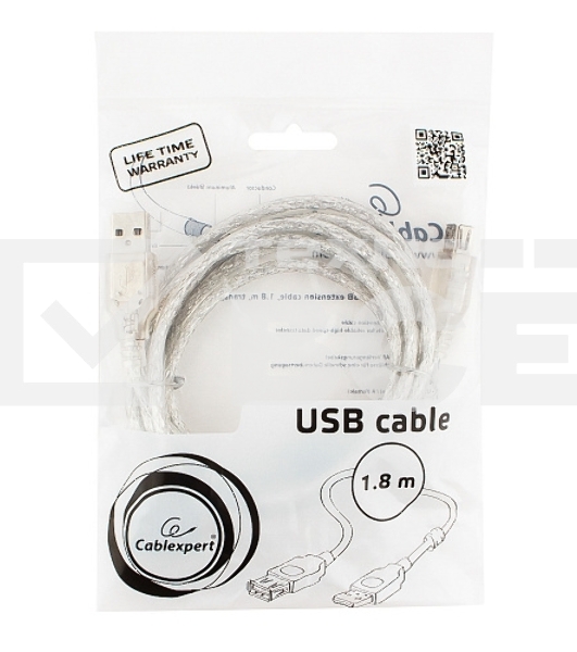 Кабель удлинитель USB2.0 Pro Cablexpert CCF-USB2-AMAF-TR-6, AM/AF, 1,8м, экран, 2феррит.кольца, прозрачный, пакет