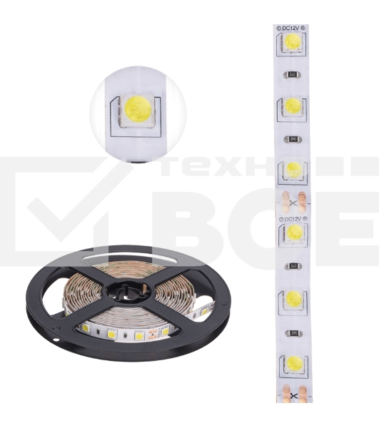 Лента LED 3 м 12 В 5050 6500 К IP23 60 LED/м для БП с клеммами LAMPER