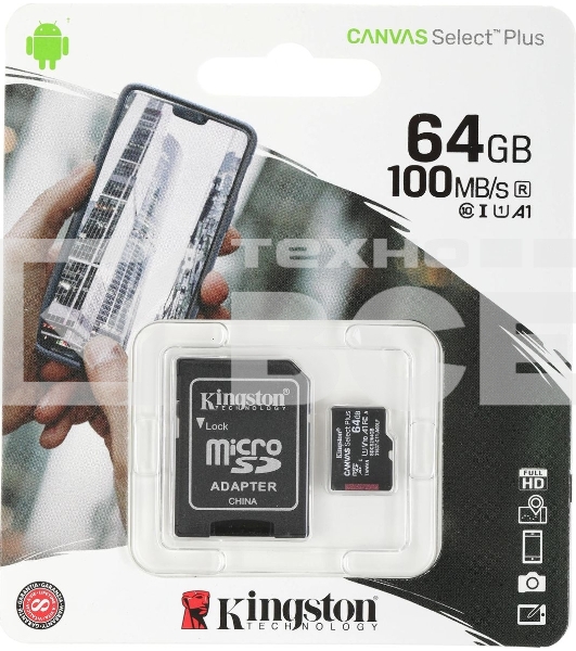 Флеш карта microSDHC 64GB microSDXC Class10 Kingston <SDCS2/64GB> Class10 UHS-I Canvas Select up to 100MB/s с адапт.