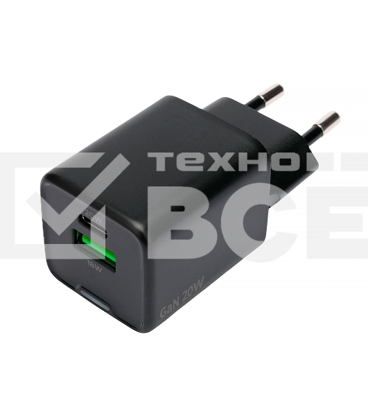 Зарядное устройство Cablexpert MP3A-PC-62, 20Вт GaN, 3А, QC4.0/PD, 1xUSB, 1xType-C, черный, пакет