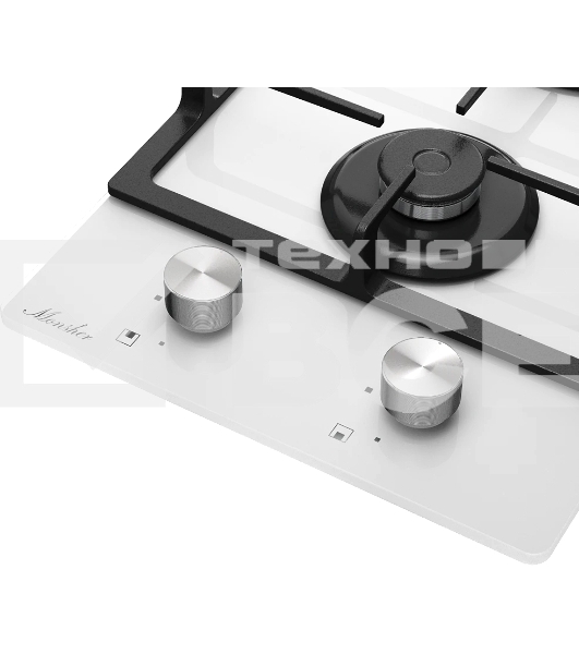 Варочная поверхность MONSHER MGG 33 Blanc, газ, High-Tech, 30 см, автоматический электроподжиг, газ-контроль, форсунки под сжиженый газ, SABAF конфорки, чугунные решетки, цвет белый