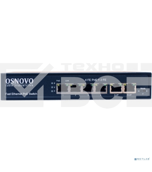 Коммутатор Osnovo SW-20600(80W) PoE коммутатор 6 портов, 4 PoE порта 10/100 Base-T, 2*10/100 Base-T Uplink, до 30W на порт, суммарно до 80W