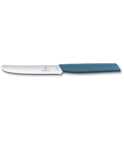Нож кухонный Victorinox Swiss Modern (6.9006.11W2) стальной столовый для томатов лезв.110мм серрейт. заточка синий