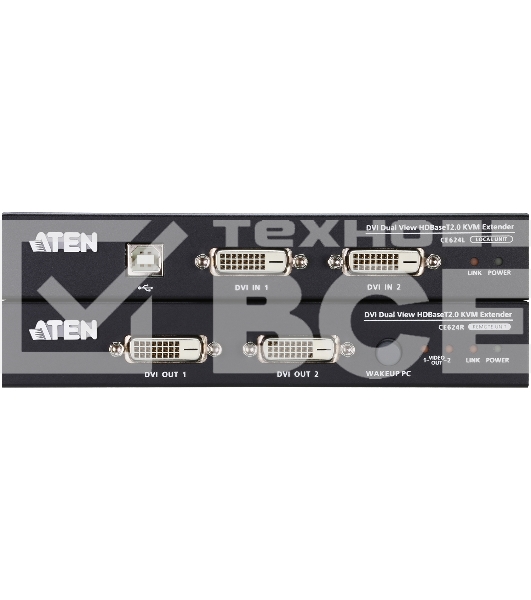 Удлинитель, KVM USB 2xDVI Single Link+AUDIO+RS232, 100 м., 1xUTP, макс.разр.1920х1200 60Hz 90м Cat5e;100м Cat6/6a /1080p 100м HDBaseT;1920x1200 150м cat6/6a LongReach HDBaseT, 2xDVI-D+2MINIJACK+DB9+USB B>3xUSB A, бп 220> 5V,,[ATEN CE624-AT-G]