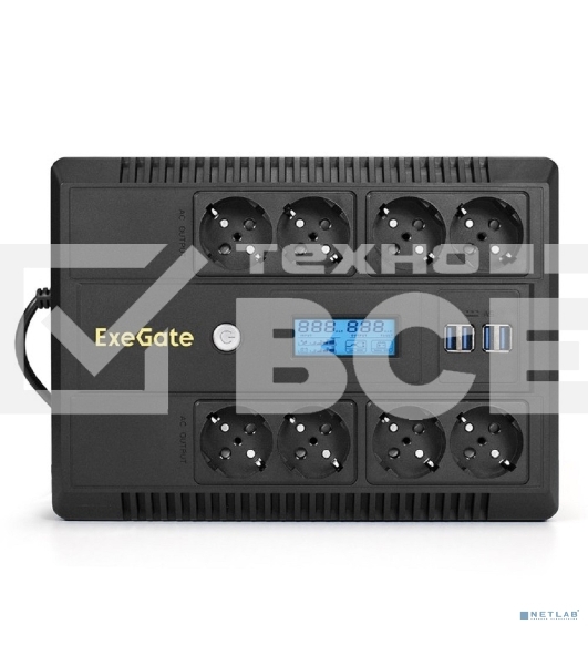 Источник бесперебойного питания ExeGate NEO Smart LHB-600.LCD.AVR.8SH.CH.USB <600VA/360W, LCD, AVR, 8*Schuko, USB, 4*USB-порта для зарядки, Black>