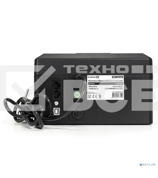 Источник бесперебойного питания ExeGate NEO Smart LHB-600.LCD.AVR.8SH.CH.USB <600VA/360W, LCD, AVR, 8*Schuko, USB, 4*USB-порта для зарядки, Black>