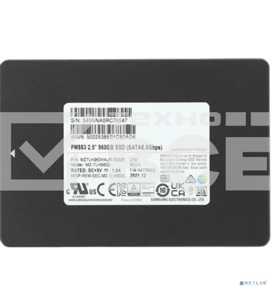 Накопитель SSD Samsung PM883, 960Gb, SATA III, 2.5', R/W 550/520