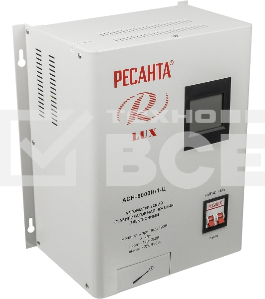 Стабилизатор напряжения Ресанта АСН-8 000 Н/1-Ц 63/6/17 Стабилизатор Lux {220В±8%, Габ. 305х190х360, Вес 15кг}