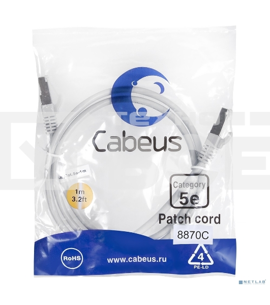 Шнур коммутационный Cabeus, кат. 5е, экр., F/UTP, RJ45/RJ45, LSZH, AWG24, 1м, серый