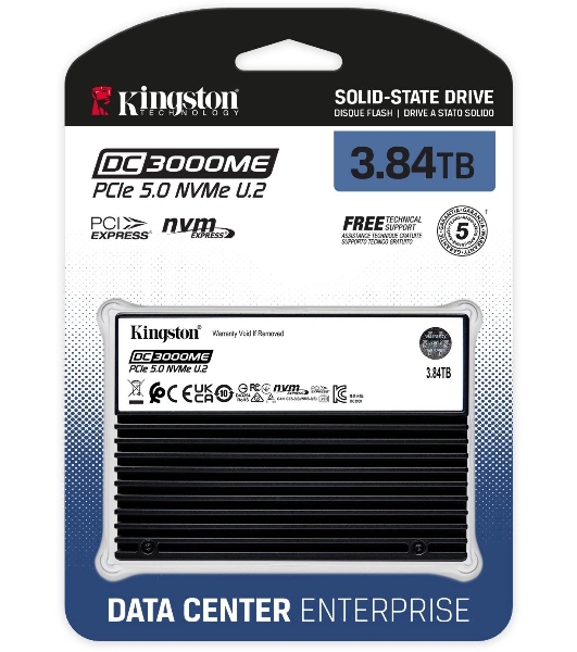 Накопитель SSD Kingston DC3000ME 3840Gb, U.2(2.5' 15мм), NVMe, PCIe Gen 5x4, 3D TLC, R/W 14000/5800Mb/s, IOPs 2 700 000/300 000, TbW 7008, DWPD 1 (12 мес)