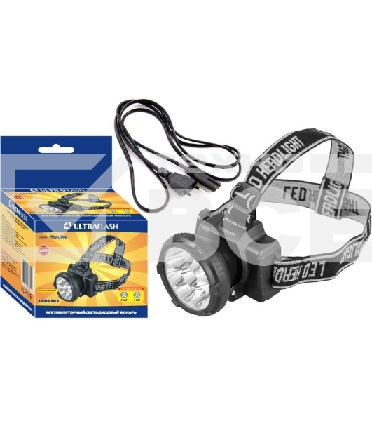 Фонарь налобный аккумуляторный LED 5363 (220В 9LED 2 режима; черн.) Ultraflash 11257