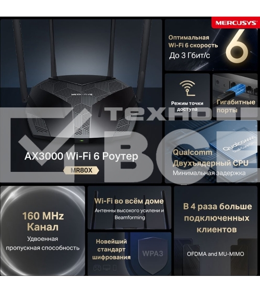 Двухдиапазонный роутер MERCUSYS AX3000 Wi-Fi 6, до 574 Мбит/с на 2,4 ГГц + до 2402 Мбит/с на 5 ГГц,4 фиксированные внешние антенны, 3 гигабитных порта LAN, 1 гигабитный порт WAN