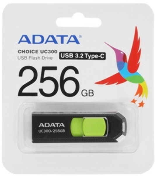 Флешка USB ADATA UC300 (ACHO-UC300-256G-RBK/GN), 256Gb, Type-C USB 3.2, R/W 100/30, черный/зеленый