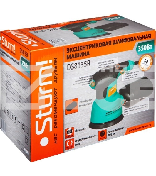 Эксцентриковая шлифовальная машина Sturm OS8135R Эксцентриковая шлифмашина Sturm, 350Вт, d 125мм, рег обор. 5000-12000об/мин, ПЫЛЕСБОР OS8135R