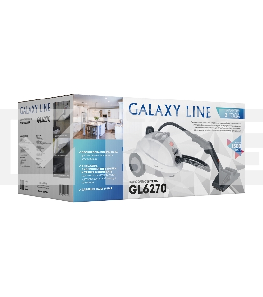 Пароочиститель Galaxy Line GL 6270, белый, 1500 Вт, 700 мл, 3,5 бар, выход пара 65 г/мин, нагрев 10 мин, время раб. до 30 мин, темп. пара 100°С, блокировка подачи пара, регул. выхода пара, защита от перегрева, степень защиты IPX4, аксессуары: насадка для 