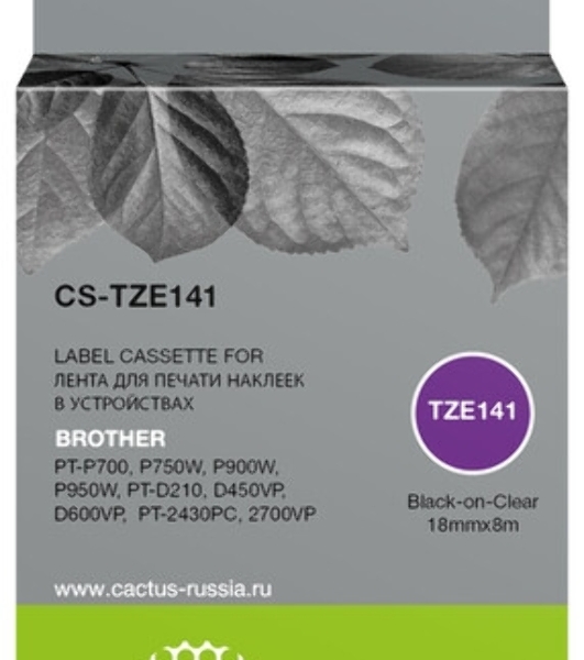 Картридж ленточный Cactus CS-TZE141 TZe-141 черный на прозрачном 18x8 для Brother PT-P700, P750W, P900W, P950W, PT-D210, D450VP, D600VP, PT-2430PC, 2700VP