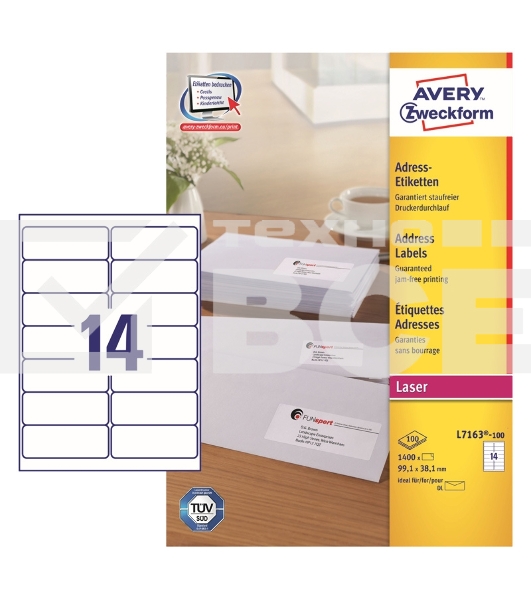 Этикетки самоклеящиеся Avery Zweckform L7163-100 A4, 99.1x38.1 мм, 14 шт, универсальная, 70 г/м2, 100 л, белый