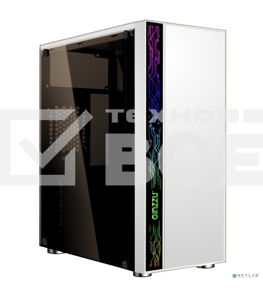 Компьютерный корпус Ginzzu A390 белый Window RGb подсветка 1хUSB 3.0, 2хUSB 2.0, AU