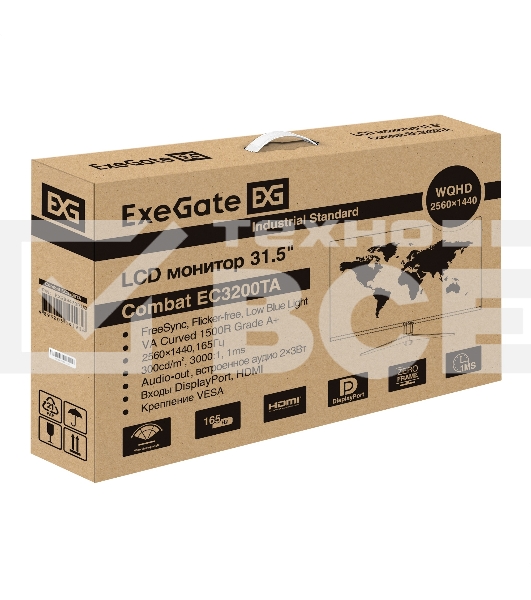 Монитор 31.5' ExeGate Combat EC3200TA VA 2560x1440, 165 Гц, 5 мс (GtG), 16:9, 300 кд/м², изогнутый (1500R), 2×HDMI 2.0, 2×DP, 3.5 Jack, динамики (2×3 Вт), RGB-подсветка, FreeSync, черный