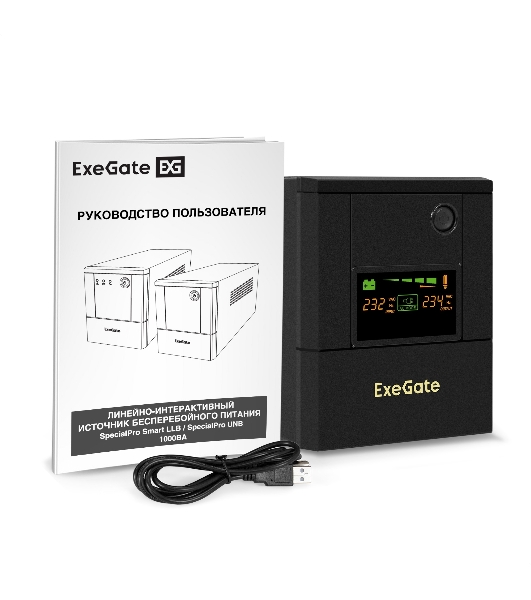 Источник бесперебойного питания ExeGate SpecialPro Smart LLB-1000.LCD.AVR.4SH.USB (1000VA/700W, LCD, AVR, 4*Schuko,USB, батарея 12V 7.2Ah - 2 шт., металлический корпус, Black)