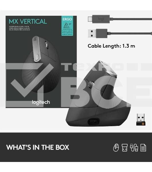 Мышь беспроводная/проводная Logitech MX Vertical графитовый, 4000 dpi, радиоканал, Bluetooth, USB, кнопки - 6