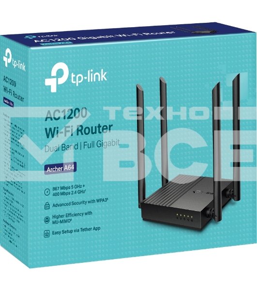 Роутер TP-Link Archer A64 AC1300 Wi-Fi роутер с MU-MIMO. RouterSPEED: 400 Mbps at 2.4GHz + 867Mbps at 5GHz SPEC: 4×Antennas, 1×Gigabit WAN Port + 4×Gigabit LAN Ports FEATURE: Tether App, WPA3, Access Point Mode, IPv6 Supported, IPTV, Beamforming, Smart Co