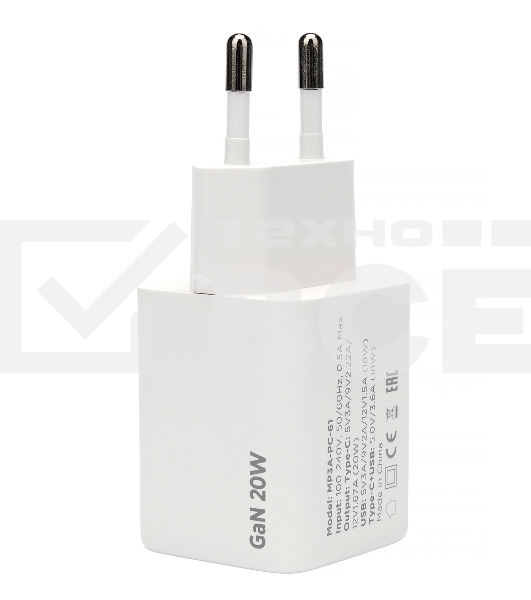Зарядное устройство Cablexpert MP3A-PC-61, 20Вт GaN, 3А, QC4.0/PD, 1xUSB, 1xType-C, белый, пакет