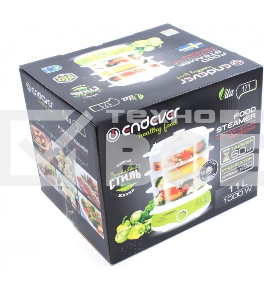 Пароварка электрическая Endever Vita-171, белый/зеленый, мощность 1000 Вт, объем 11 л