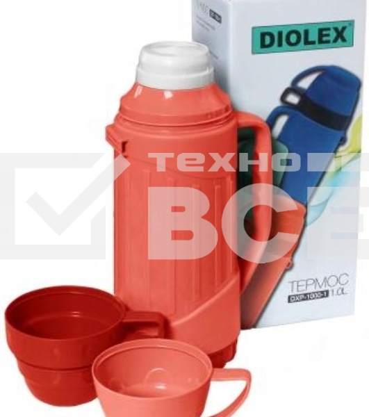 Термос Diolex DXP-1000-R 1000 мл, красный, пластиковый со стеклянной колбой с ручкой для переноски