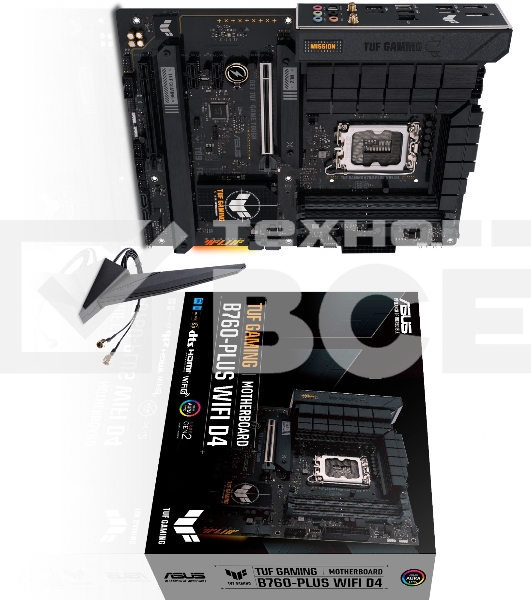 Материнская плата ASUS TUF GAMING B760-PLUS WIFI D4, LGA 1700, Intel B760, 4xDDR4, 4xSATA, 3xM.2, 1xPCI-E 5.0 x16, 1xPCI-E 3.0 x4, 1xUSB-A 3.2 Gen 2, 3xUSB-A 3.2 Gen 1, 1xUSB-C 3.2 Gen 2x2, 1x2.5Gb LAN, 5x3.5 мм, 7.1, Wi-Fi 6, Bluetooth 5.2, Standard-ATX