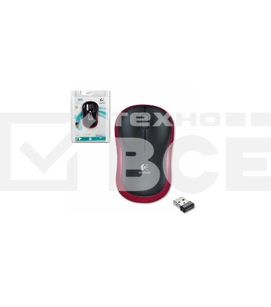 Мышь беспроводная Logitech M185, красный, 1000 dpi, радиоканал, USB, кнопки - 3