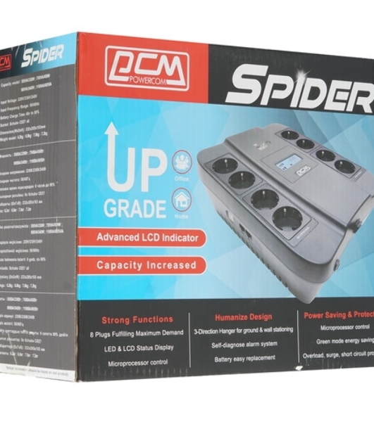 Источник бесперебойного питания Powercom Back-UPS SPIDER, Line-Interactive, LCD, AVR, 900VA/540W, Schuko, USB, black (1456263)