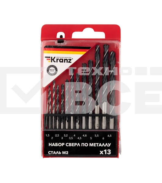 Набор сверл по металлу Kranz (HSS) диаметр 1.5-6.5 мм (13 шт.)