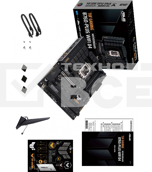 Материнская плата ASUS TUF GAMING B760-PLUS WIFI D4, LGA 1700, Intel B760, 4xDDR4, 4xSATA, 3xM.2, 1xPCI-E 5.0 x16, 1xPCI-E 3.0 x4, 1xUSB-A 3.2 Gen 2, 3xUSB-A 3.2 Gen 1, 1xUSB-C 3.2 Gen 2x2, 1x2.5Gb LAN, 5x3.5 мм, 7.1, Wi-Fi 6, Bluetooth 5.2, Standard-ATX