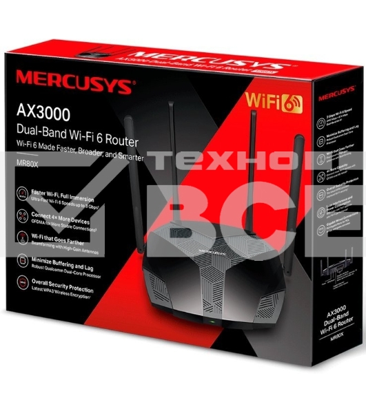 Двухдиапазонный роутер MERCUSYS AX3000 Wi-Fi 6, до 574 Мбит/с на 2,4 ГГц + до 2402 Мбит/с на 5 ГГц,4 фиксированные внешние антенны, 3 гигабитных порта LAN, 1 гигабитный порт WAN