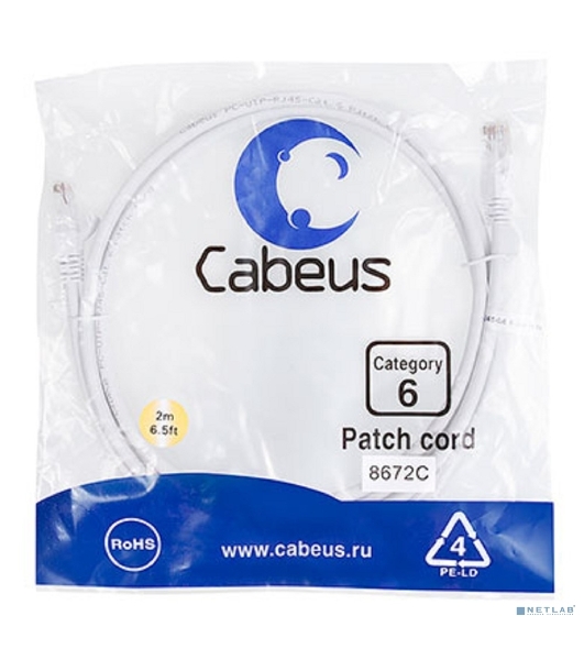 Шнур комм. Cabeus, кат. 6, неэкр., U/UTP, RJ45/RJ45, 250 МГц, PVC, AWG24, 2м, белый