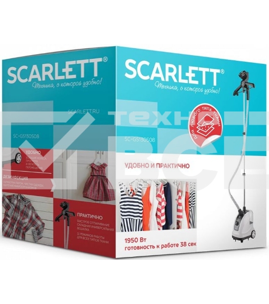 Отпариватель Scarlett SC-GS130S08 (белый с черным)Тип: Вертикальный; Мощность, Вт: 1950; Регулируемый пар до г/мин: 32