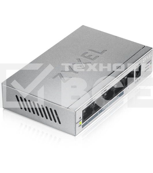 Коммутатор Zyxel GS1005HP Switch PoE +, 5xGE (4xPoE +), desktop, metal, silent, PoE budget 60 W