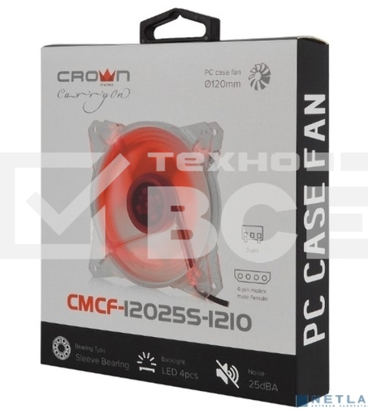 Вентилятор для корпуса Crown CMCF-12025S-1210 прозрачный/красный, 120 мм, 1650 об/мин, 28 дБ, 3 pin